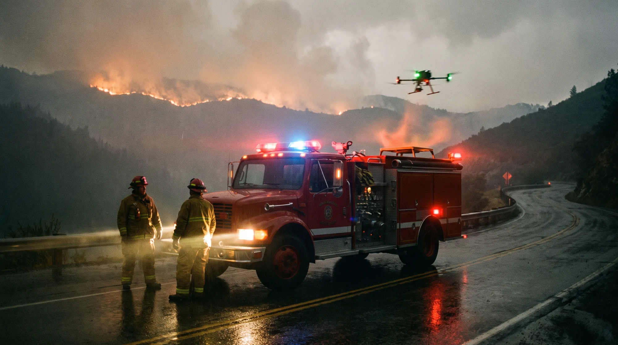 A fire engine on a mountain road at night with its warning lights on, a quadrotor lifting from its rear deck, and a wildfire burning along the ridge behind.