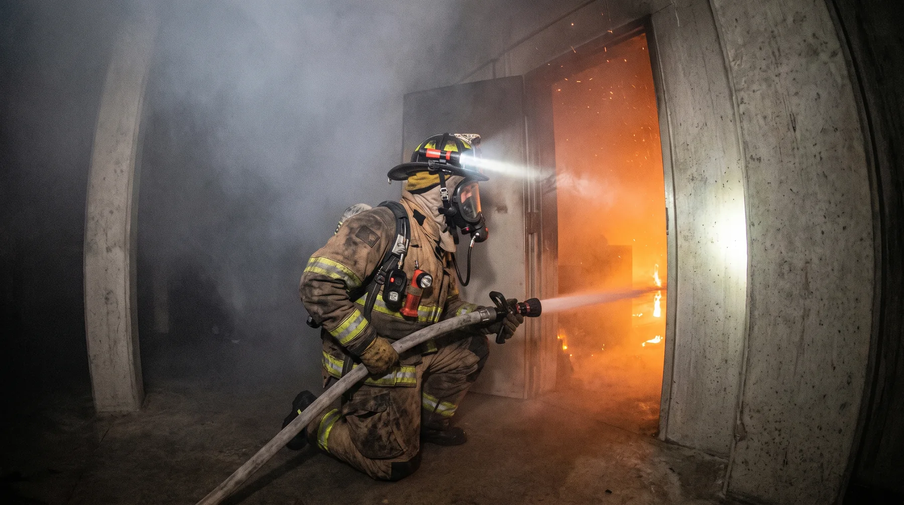A firefighter advancing with a charged hoseline into dense smoke inside a structure, moving deliberately in a controlled stance.