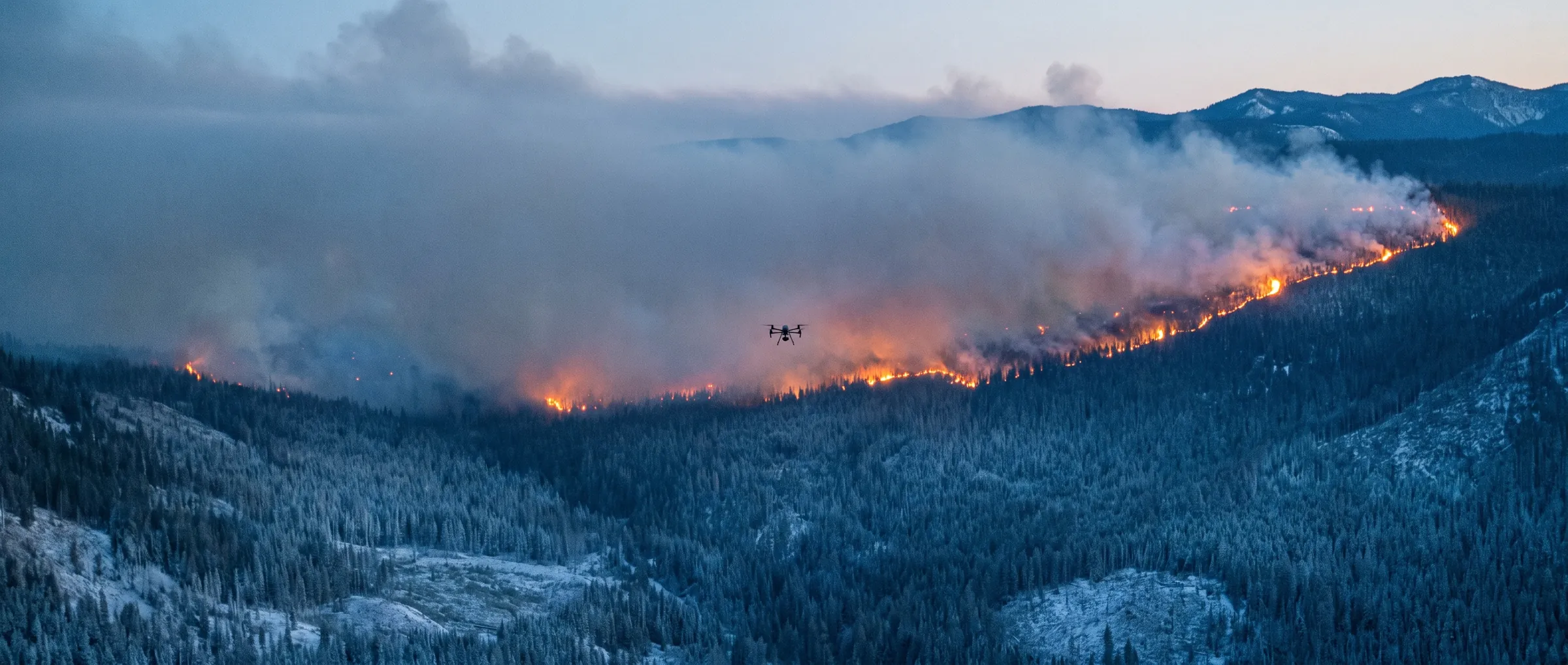 A wildfire burning along a ridgeline at dusk across an entire forested valley, with a single small quadrotor holding position in front of the smoke column.