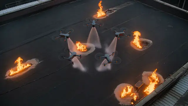 Concept illustration: top-down view of drones in a ring around fires on an industrial roof, spraying inward.
