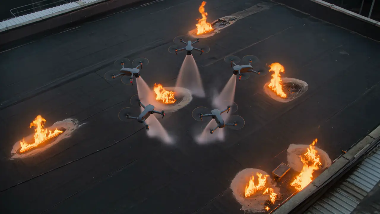 Top-down view of drones in a ring around fires on an industrial roof, spraying inward.