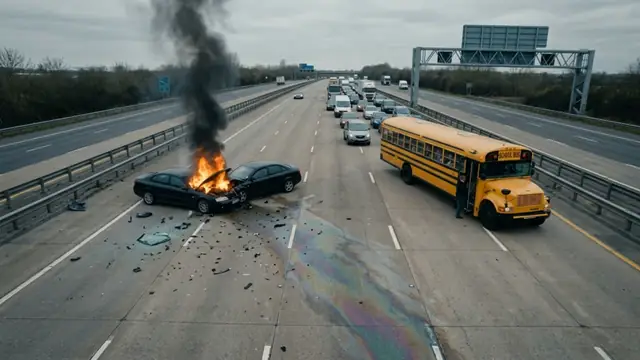 Concept illustration: a drone arriving over a highway crash with a burning car, directing a spray at the vehicle.
