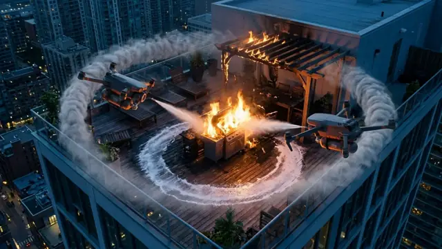 Concept illustration: drones circling a rooftop terrace fire on a high-rise, spraying inward.