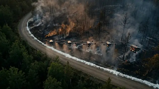 Concept illustration: five drones holding a line along a forest road, laying a containment line in front of a wildfire.