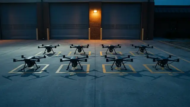 Concept illustration: FireFly drones lined up on marked pads outside a fire station at night.