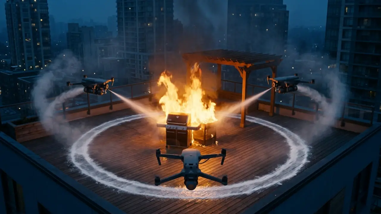 Drones in a ring around a rooftop terrace fire on a city building, each aiming a directed spray at the fire.