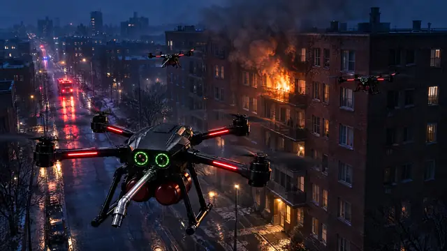 Concept illustration: a FireFly drone arriving at a burning apartment block while a fire engine is still far down the street.