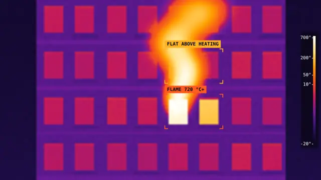 Simulation: a block of flats in thermal, one flat venting flame up the face of the building and the flat above marked as heating.