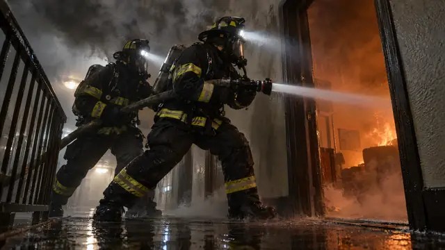 Concept illustration: two firefighters in breathing apparatus drive a hose line through a doorway into a burning flat.