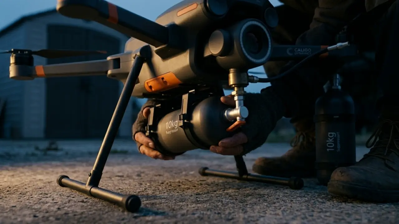 Gloved hands swapping a suppressant canister on a landed drone.