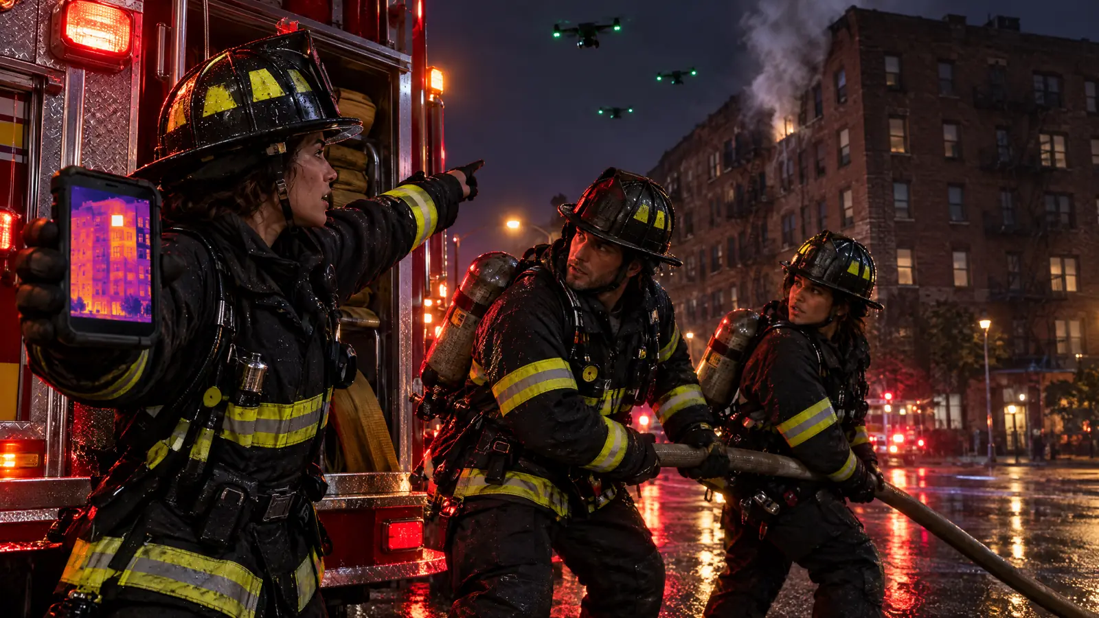 Concept illustration: at the back of a fire engine at night, an officer holds out a phone with a thermal picture of the building and points up the street while two firefighters pull a hose line off the engine.