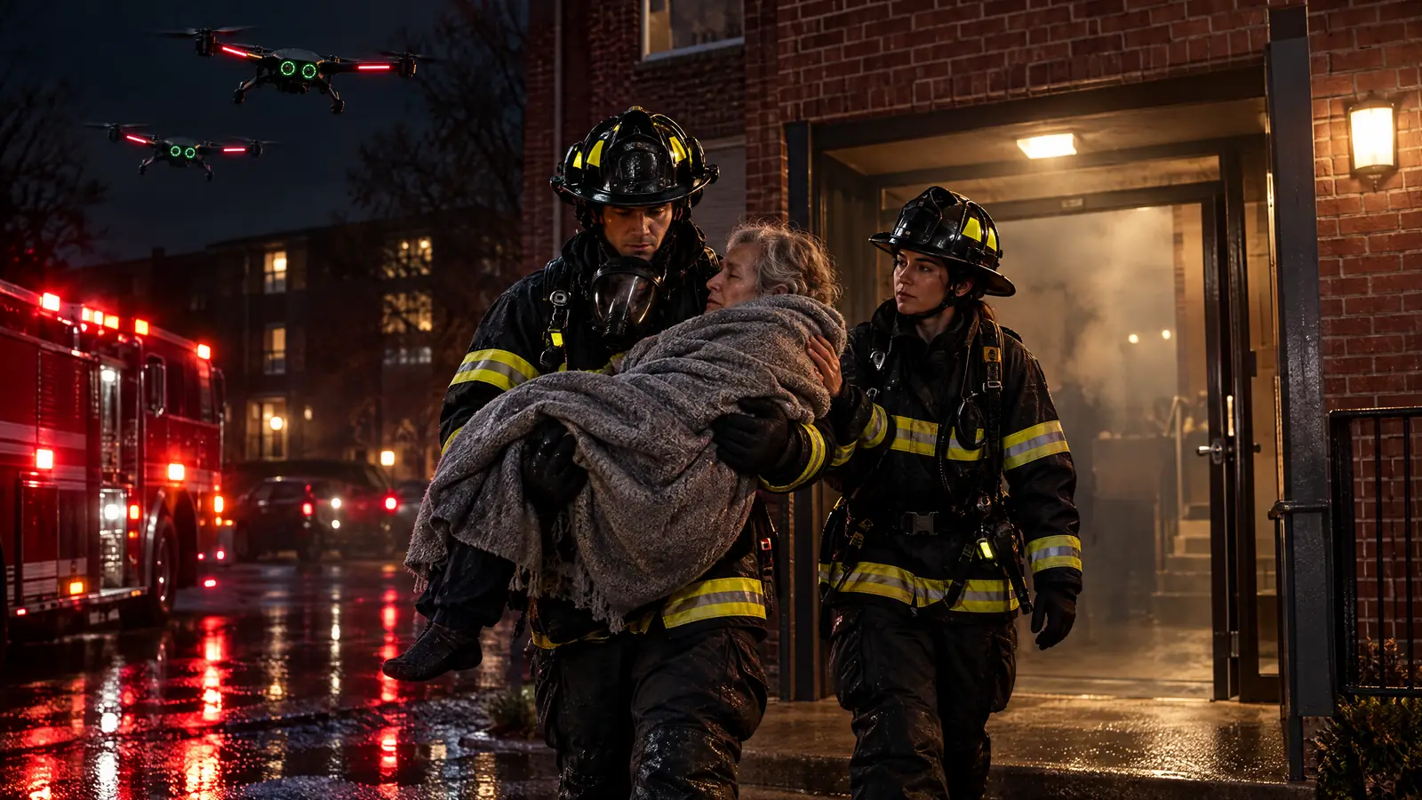 Concept illustration: a firefighter carries a resident wrapped in a blanket out of the building, a second firefighter beside them, two small drones holding position overhead.