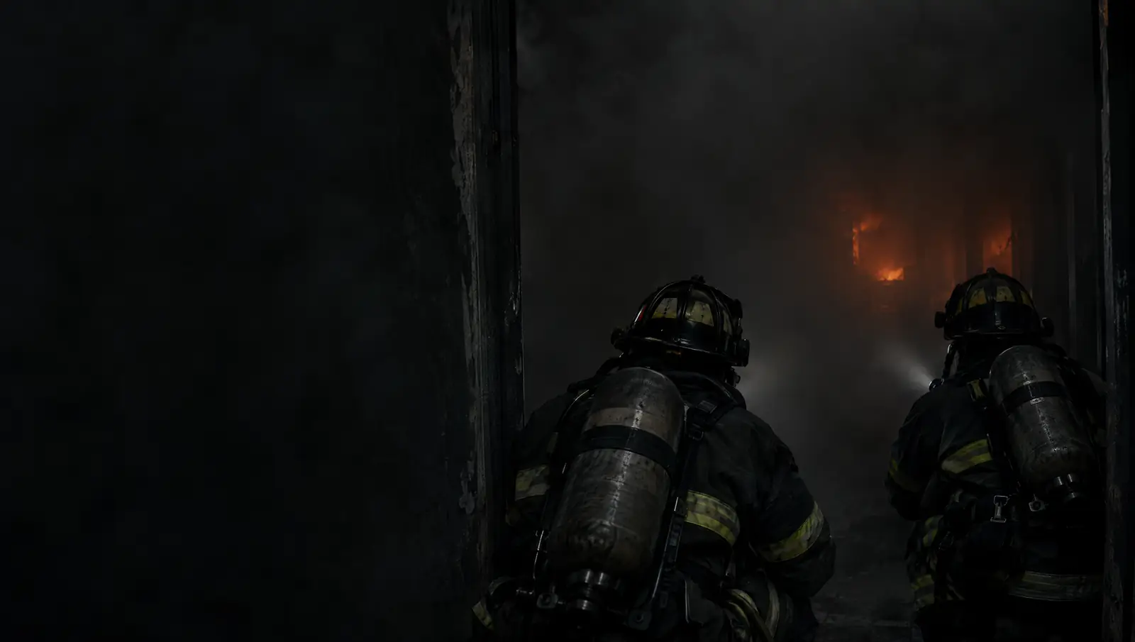 Concept illustration: two firefighters in breathing apparatus entering a dark, smoke-filled room with fire beyond.