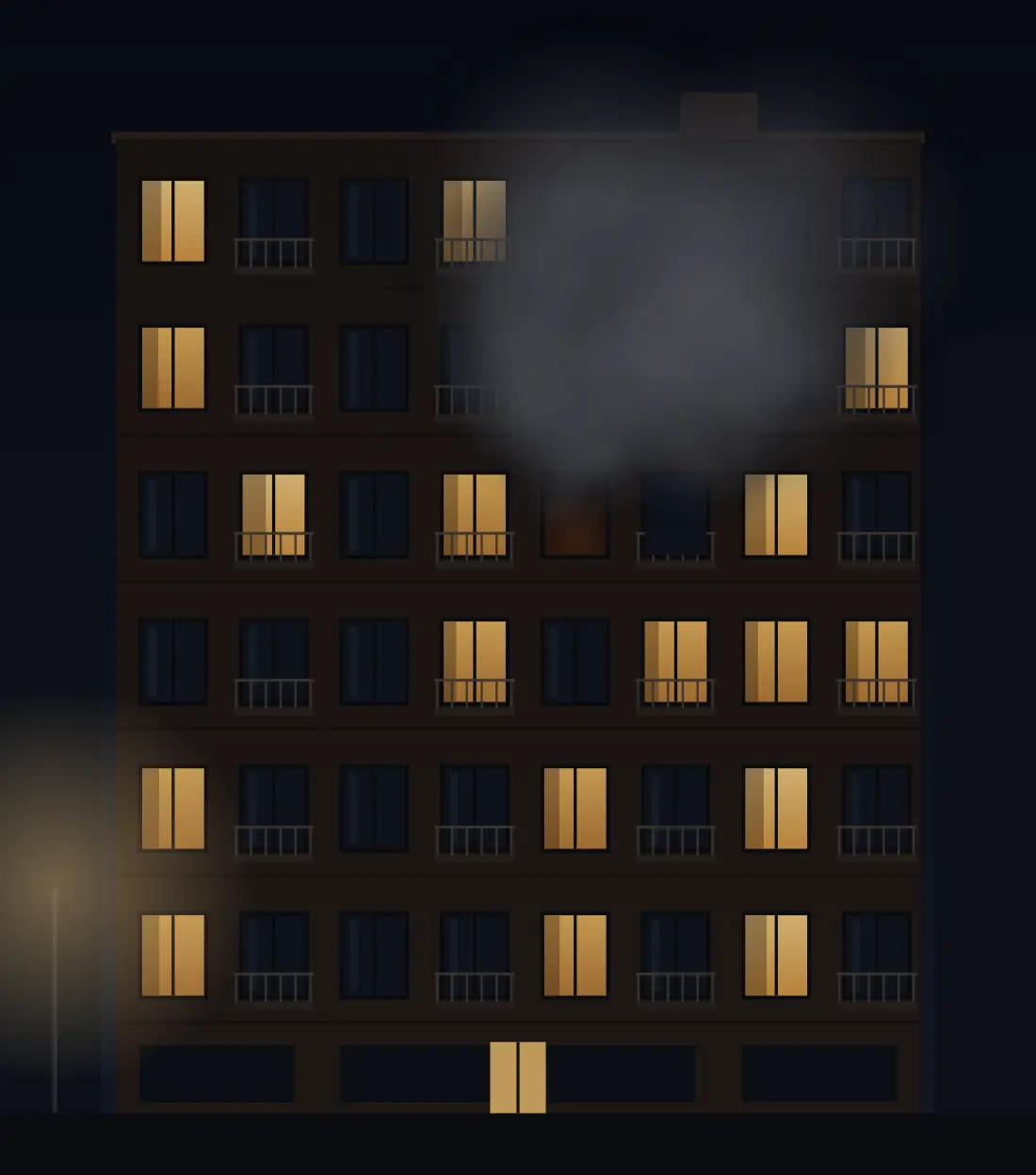 Simulation: a block of flats at night in an ordinary camera. Smoke hangs across the upper floors and hides where it is coming from.