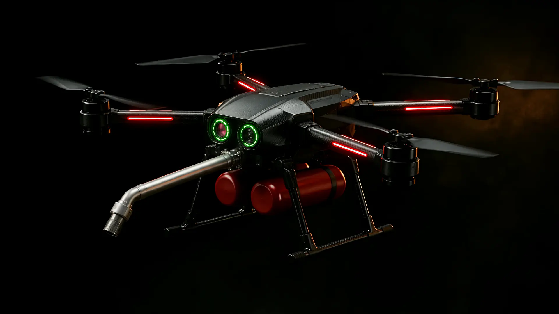 Concept render of the FireFly aircraft: a quadrotor with two green sensor lenses, twin red suppressant pods and a directed nozzle.